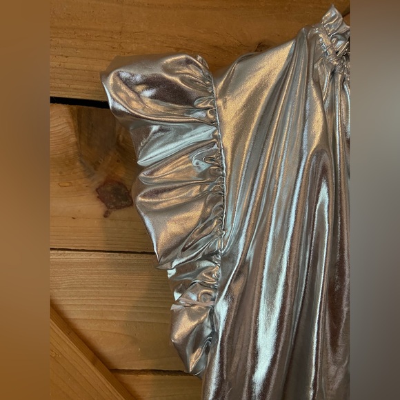 Metallic Faux Leather Silver Ruffle Sleeve Top - Picture 5 of 8